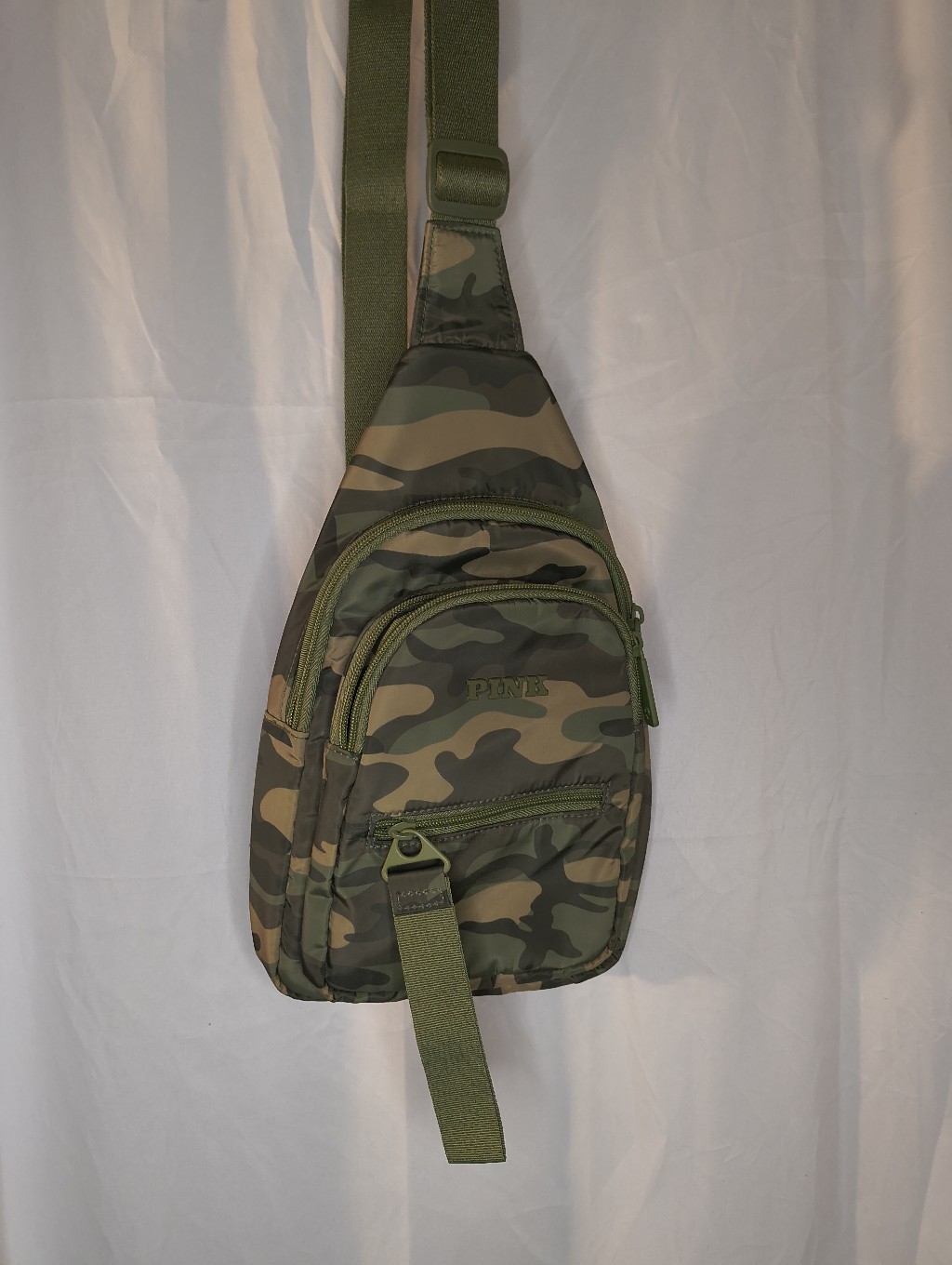 Victoria's Secret Pink Nylon Sling Backpack In A Green Camo Pattern